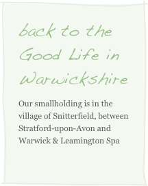 back to the Good Life in Warwickshire
Our smallholding is in the village of Snitterfield, between Stratford-upon-Avon and Warwick & Leamington Spa